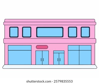 A pastel pink shopping mall Cartoon, Hand drawing illustration, ideal for commercial districts, retail marketing, and urban lifestyle visuals.