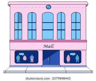 A pastel pink shopping mall Cartoon, Hand drawing illustration, ideal for commercial districts, retail marketing, and urban lifestyle visuals.