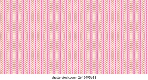 Pastel pink and soft yellow tribal-inspired fabric pattern with diamond elements and wavy vertical stripes. Ideal for boho themes, textiles, and seamless backgrounds.
