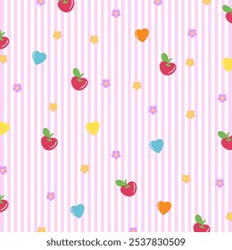 Pastel pink stripe background with flower, cherry, heart for wallpaper, backdrop, card print, fabric, textile, garment, pet clothes, phone case, picnic blanket, paper design, gift wrap, summer fruity