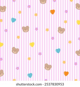 Pastel pink stripe background with teddy bear, heart, flower for wallpaper, backdrop, animal print, fabric, textile, garment, pet clothes, phone case, picnic blanket, zoo, souvenir shop, gift wrap