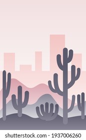 Pastel pink sun set sky and city skyline silhouette. Purple desert dunes. Dark cactuses. Abstract texture. Nature and ecology. Vertical orientation. Template for social media, post cards and posters