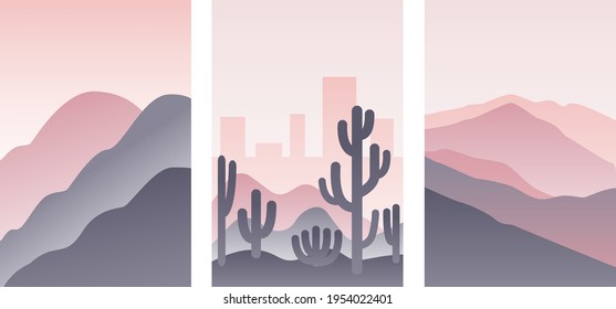 Pastel pink sun set sky and city skyline silhouette. Purple desert dunes. Dark cactuses. Abstract texture. Nature and ecology. Vertical orientation. Template for social media, post cards and posters