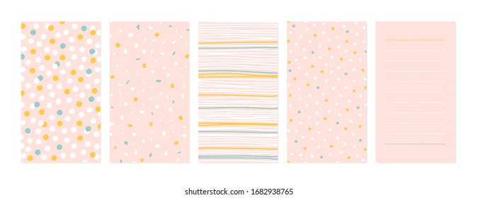 Pastel pink templates for social media stories. A set of coordinate vector backgrounds for social networks. Confetti, terrazzo, polka dot and stripes designs.