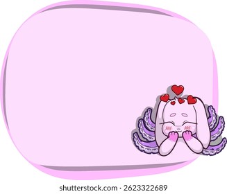 Pastel pink text frame with a cute, loving bunny featuring tentacles growing from its back. Whimsical and surreal design.