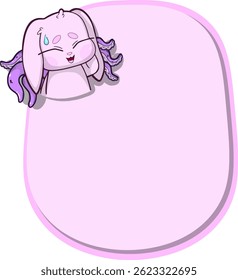 Pastel pink text frame with a cute, awkward bunny featuring tentacles growing from its back. Whimsical and surreal design.