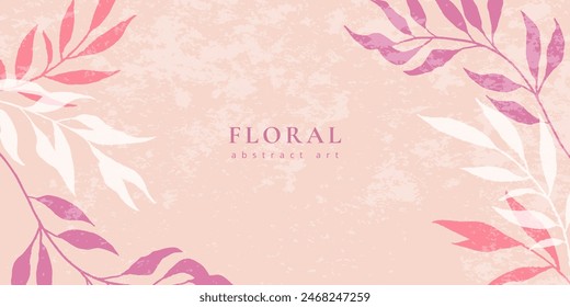 Pastel pink textured background with leafy branches. Elegant floral template for beauty, cosmetics, wedding