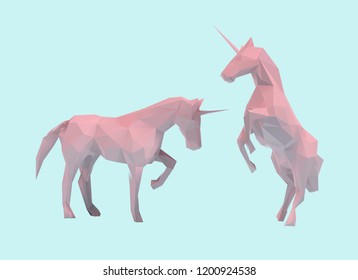 Pastel Pink Unicorn Isolated Vector Illustration Set on Blue Background 3D Low Poly Rendering