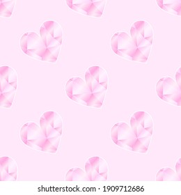 Pastel Pink Vector Background with Glossy Polygonal Hearts. Cute Romantic Seamless Pattern.