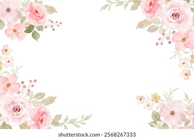 Pastel pink watercolor roses frame background for design.