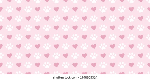 Pastel pink and white paw pattern with hearts, background for pets, cute vector wallpaper