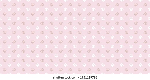 Pastel pink and white paw pattern with hearts, background for pets, cute vector wallpaper.