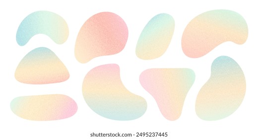 Pastellrosa Gelbblau Farben Gradient Flüssige Kleckse Set. Flecken mit Kornstruktur, isoliert auf weiß. Unregelmäßiger geometrischer runder Formenhintergrund für Design. Abstrakte moderne organische dynamische Figur