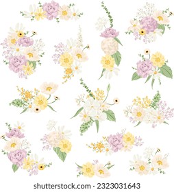 Pastel Pink, Yellow, Green Floral Arrangements Vector Illustration Set