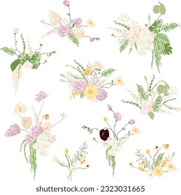 Pastel Pink, Yellow, Green Floral Arrangements Vector Illustration Set svg