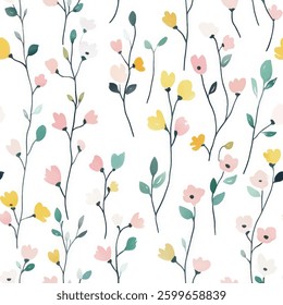 Pastel pink, yellow, and green spring flowers on a white background, watercolor flower seamless pattern. Watercolor print in rustic vintage style, textile or wallpaper.