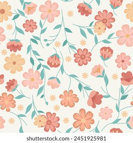 A pastel pink and yellow seamless flower pattern with a charming vintage feel. Perfect for fabric, wallpaper, or print, it features blooming daisies and chamomiles. Not AI.