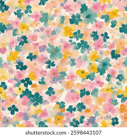 Pastel pink, yellow, and teal small flowers pattern watercolor flower seamless pattern. Watercolor print in rustic vintage style, textile or wallpaper.