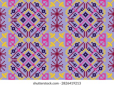 Pastel pixel-art geometric pattern featuring floral diamonds, cross motifs, and ornamental shapes in lavender, pink, yellow, and dark purple. Perfect for fabric, wallpaper, crafts, and stationery.
