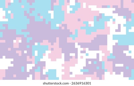 Pastel pixelated camo pattern.  Dreamy, abstract background in soft pink, purple, and blue hues. Ideal for websites, textiles, and playful branding. Evokes feelings of sweetness and gentle energy.