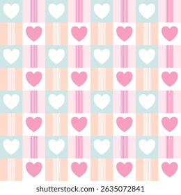 Pastel plaid pattern with cute heart icons in rows and columns. Soft pink, peach, and blue tones create a sweet romantic design, perfect for Valentine’s Day, baby shower, or kids’ projects.
