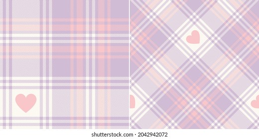 Pastel plaid pattern with hearts for Valentines Day design. Seamless tartan check in lilac purple and pink for flannel shirt, scarf, blanket, duvet cover, other modern spring summer fabric print.