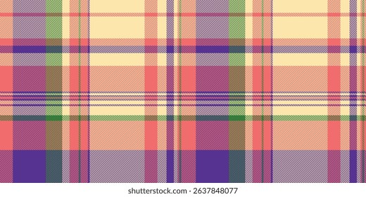 Pastel plaid pattern in peach, purple, and green. Seamless texture ideal for textile design, website backgrounds, or fashion projects.