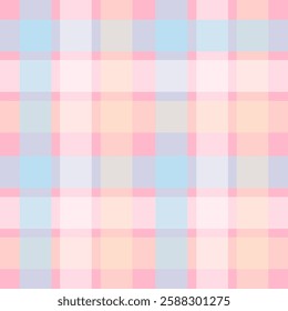 Pastel plaid pattern. Seamless checkered design in soft pink, blue, yellow, and white hues.  Perfect for backgrounds, textiles, and creative projects.