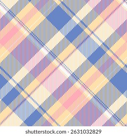 Pastel plaid pattern.  Soft, elegant diagonal design in muted blues, pinks, and yellows. Perfect for fashion, textiles, packaging, or website backgrounds.  Subtle texture adds visual interest.
