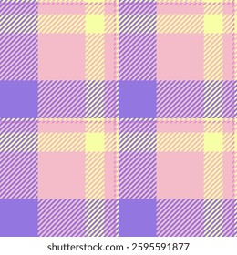 Pastel plaid pattern in soft pink, purple, and yellow hues.  A cheerful, seamless design ideal for textile prints, website backgrounds, or crafting projects.