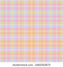 Pastellkariertes Muster. Weiches, strukturiertes Stoffdesign in hellorangen, violetten und blauen Farbtönen. Ideal für Hintergründe, Textilien oder Designprojekte.