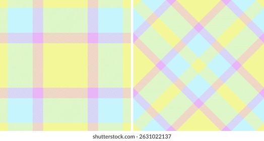 Pastel plaid patterns offer spring freshness. Repeating squares and diagonals create a soft, cheerful textile design perfect for backgrounds or design elements.