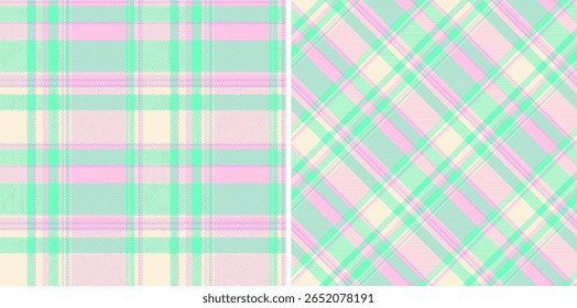 Pastel plaid patterns set. Two checkered designs in pink, green, and cream. Ideal for textiles, backgrounds, or creative projects needing a soft, colorful touch.