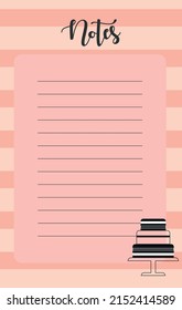 Pastel planner for notes with line cake. Template for to do list.