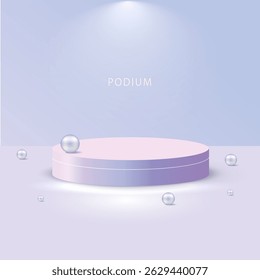 Pódio de pastel com acentos de pérola. Mínimo, elegante renderização 3D ideal para a beleza, exposição de produtos apresentações de luxo. eps 10