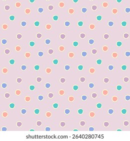 Pastel polka dot seamless pattern background. Colorful pastel polka dots on a soft pink background in a seamless pattern, perfect for playful, cute or baby-themed designs.