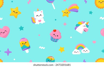 Pastel Pony Unicorn and Cat Unicorn with kawaii blue background: cupcake, fulling star, heart, happy rainbow seamless pattern in soft colors for pajamas prints, kids apparel, birthday party backdrop