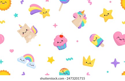 Pastel Pony Unicorn and Cat Unicorn with kawaii white background: cupcake, fulling star, heart, happy crown seamless pattern in soft colors for pajamas prints,  kids apparel, birthday party backdrop