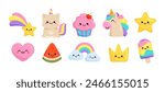 Pastel Pony Unicorn and funny Cat Unicorn with kawaii emoticons: cupcake, fulling star, rainbow, heart, happy crown icons set in soft colors for pajamas prints and greeting card, birthday party