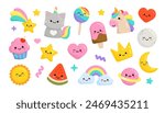 Pastel Pony Unicorn and funny Cat Unicorn with kawaii icons: cupcake, fulling star, rainbow, heart, happy planet etc for pajamas prints and greeting card, birthday party