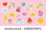 Pastel Pony Unicorn and funny Cat Unicorn with kawaii emoticons: cupcake, fulling star, rainbow, heart, happy crown icons set in soft colors for pajamas prints and greeting card, birthday party