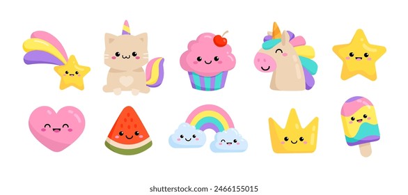 Pastel Pony Unicorn and funny Cat Unicorn with kawaii emoticons: cupcake, fulling star, rainbow, heart, happy crown icons set in soft colors for pajamas prints and greeting card, birthday party