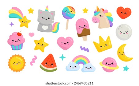 Pastel Pony Unicorn and funny Cat Unicorn with kawaii icons: cupcake, fulling star, rainbow, heart, happy planet etc for pajamas prints and greeting card, birthday party