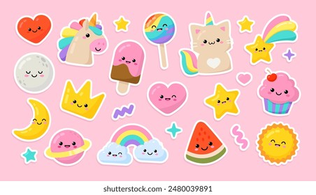 Pastel Pony Unicorn and funny Cat Unicorn with kawaii emoticons: cupcake, fulling star, rainbow, heart, happy crown icons set in soft colors for pajamas prints and greeting card, birthday party