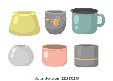Pastel pots and cup vector illustrations set. Flowerpots and cup of light colours on white background. Planting, decoration, container concept