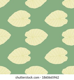 Pastel print with leaves seamless pattern. Outline floral silhouettes in light beige tones on green background. Designed for wallpaper, textile, wrapping paper, fabric print. Vector illustration.