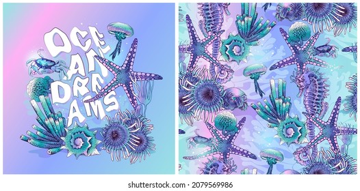 Pastel print and seamless pattern. Underwater world. Jellyfishes, seahorse, starfish, true crab, corals and shells. Textile, hand drawn style print. Vector illustration.