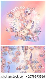 Pastel print and seamless pattern. Underwater world. Two Turtle, Jellyfish, starfish, algae, corals and shells. Textile composition, hand drawn style print. Vector illustration.