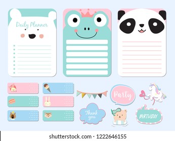 Pastel Printable With Bear, Panda, Fox, Unicorn, Ice Cream In Funny Style.with Wording Thank You, Birthday, Party