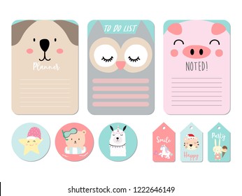 Pastel Printable With Bear,owl,pig,star,tiger,rabbit,unicorn In Funny Style.with Wording Thank You, Birthday, Party